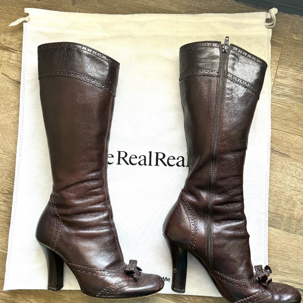 Miu Miu Brown Leather Heeled Boots with bow detail - 36.5